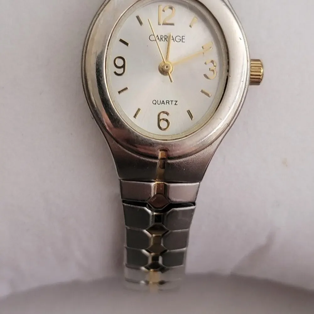 Vintage Timex Carriage Womens Watch Silver Dial Two Tone Bracelet Quartz Analog